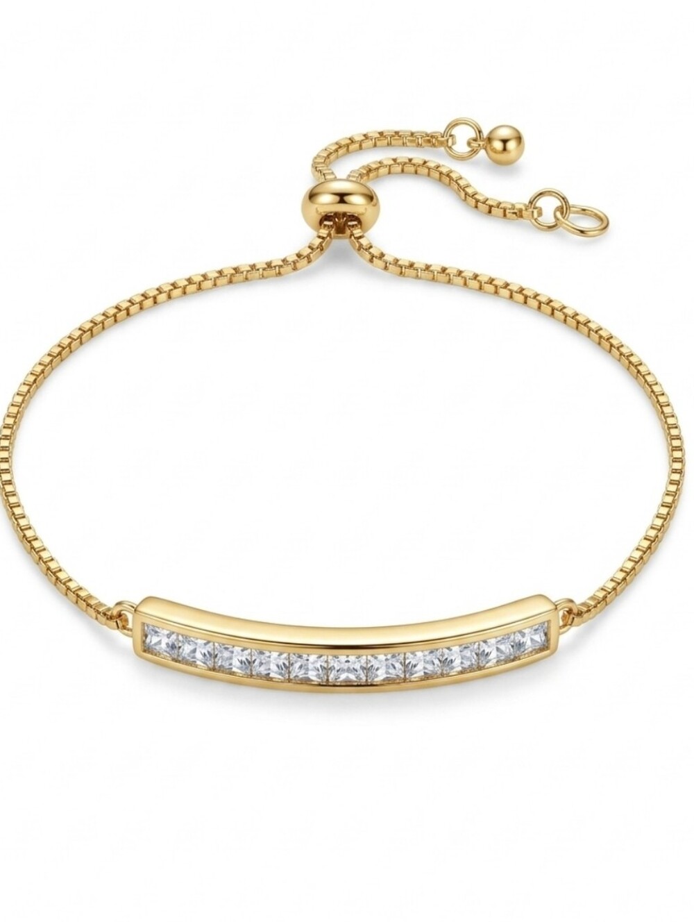 Gold Tone Adjustable Bolo Bracelet with Curved Channel Set Pave Crystals